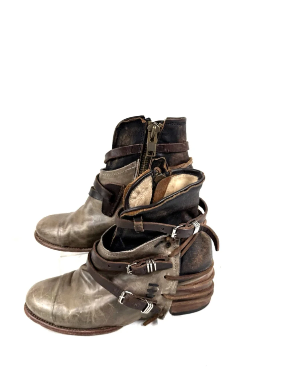 Freebird by Steven Crue Grey Multi Leather Harness Ankle Boots Women Size 10